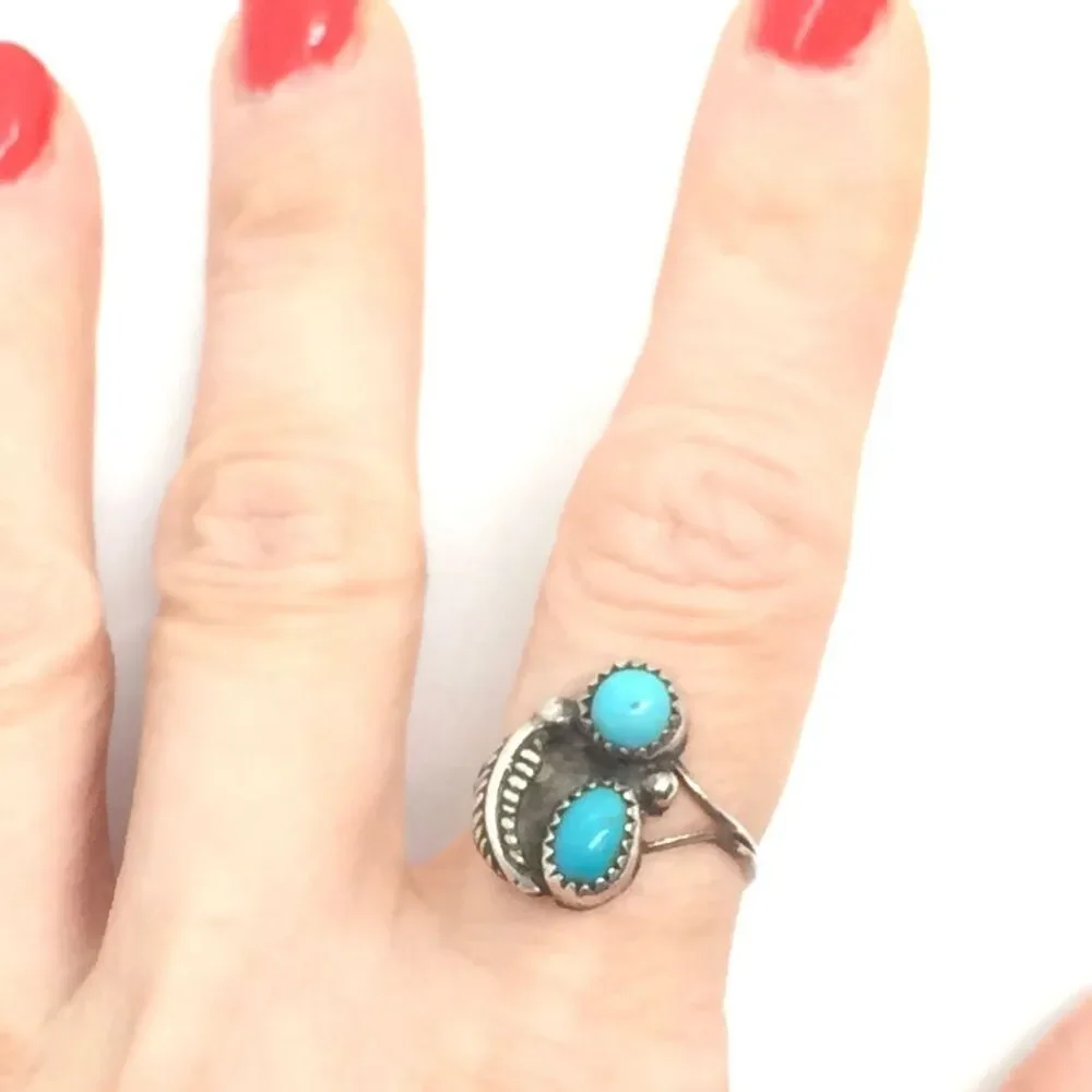 VINTAGE STERLING TURQUOISE Ring Double Stone Southwestern Size 5.25